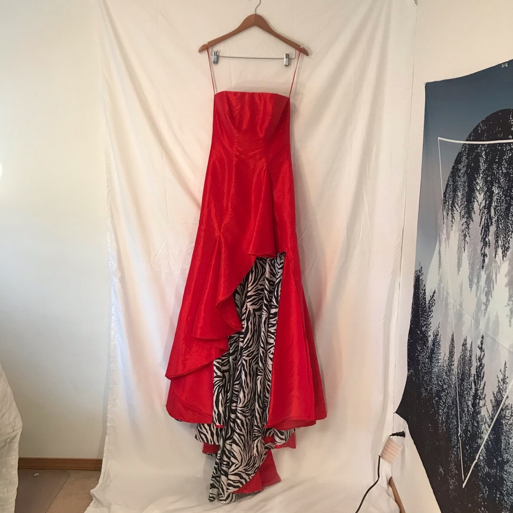 Sherri Hill- Strapless red dress with zebra print